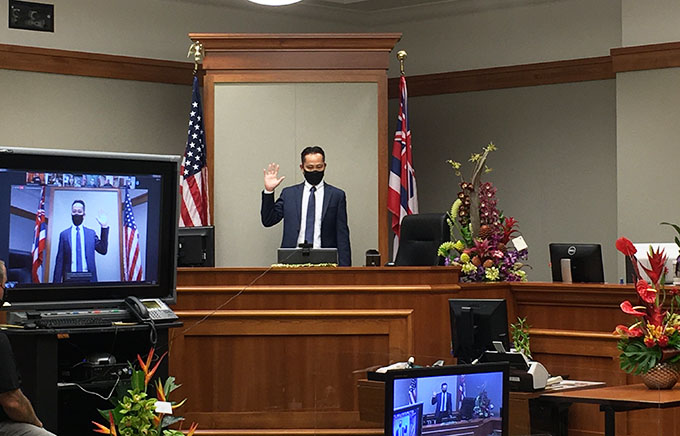 Jeffrey W. Ng is taking the oath of office to become District Family Judge of the Third Circuit on May 5, 2021.