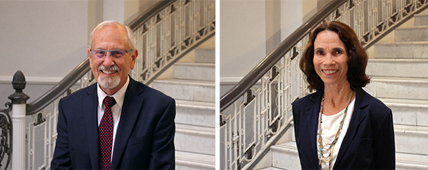 Photo of attorney William C. Darrah (left) and The Mediation Center of the Pacific Executive Director Tracey Wiltgen (right) in the rotunda of the Aliiolani Hale Building, home of the Hawaii Supreme Court, November 2017.