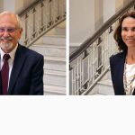 Photo of attorney William C. Darrah (left) and The Mediation Center of the Pacific Executive Director Tracey Wiltgen (right) in the rotunda of the Aliiolani Hale Building, home of the Hawaii Supreme Court, November 2017.