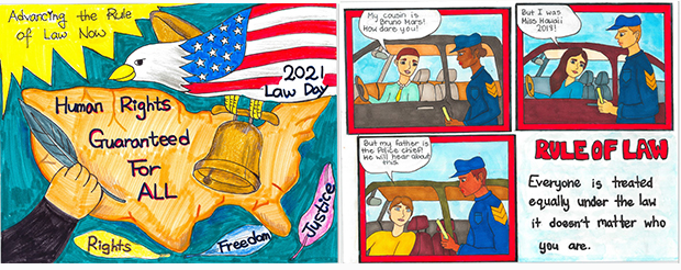Drawing of the U.S. Mainland with the words “Human Rights Guaranteed For All” down the middle and an eagle decorated with stars and stripes flying over by artist Julie Kang (left), and drawing of three traffic stop scenes with drivers in their cars saying things to try to influence the police officer not to give them a ticket by artist Kiana Wysocki (right).