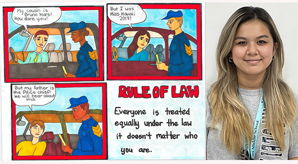 Drawing of three traffic stop scenes with drivers in their cars saying things to try to influence the police officer not to give them a ticket (left), photo of artist Kiana Wysocki (right).