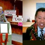 Left: Second Circuit Chief Judge Richard Bissen, Jr. at a podium in his courtroom with his Jurist of the Year award and framed proclamation sitting in front of him. Right: Close-up of First Circuit Chief Judge Paul Wong at his desk with his framed Jurist of the Year Proclamation on the conference table behind him.