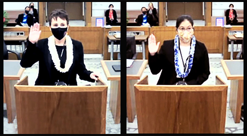 Judge Wendy M. DeWeese (left) and Kimberly B.M. Taniyama (right) take the oath of office administered by Chief Justice Mark Recktenwald, 12/02/21.