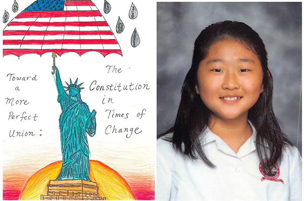 Split photo: Left: Drawing titled “Towards a More Perfect Union: The Constitution in times of change,” portraying the Statue of Liberty holding up an American Flag umbrella protecting the statue from rain drops containing words with legal issues. Right: Photo of artist Ailene Kim.
