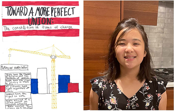 Split photo: Left: Drawing titled “Towards a More Perfect Union: The Constitution in times of change,” with a drawing of a construction crane stacking boxes containing descriptions of rights that are “Making our country better.” Right: Photo of artist Kaya Chang.