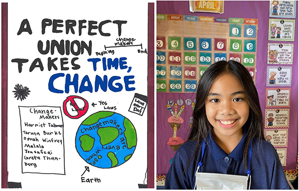 Split photo: Left: Drawing titled “A Perfect Union Takes Time, Change,” with a drawing of the Earth bearing the words “Change makers are everywhere,” and a list of names of change-makers. Right: Photo of artist Julianne Balbuena.