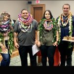 Hilo Drug Court Judge Peter Kubota, four graduates, and Third Circuit Chief Judge Greg Nakamura (Retired) in the Hilo courtroom, 05/12/2022.