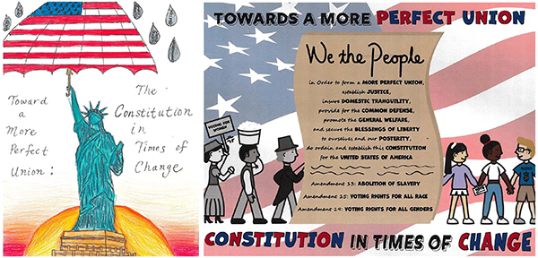 Split photo: Left: Drawing titled “Towards a More Perfect Union: The Constitution in times of change,” portraying the Statue of Liberty holding up an American Flag umbrella protecting the statue from rain drops containing words with legal issues. Right: Drawing of three people in gray scale color walking from the left to a paper scroll with words from the U.S. Constitution’s Preamble and notations of Amendments 13, 15, and 19, with three children in full color on the right. Background is an American flag, with words “Towards a More Perfect Union” at top, and “Constitution in Times of Change.”