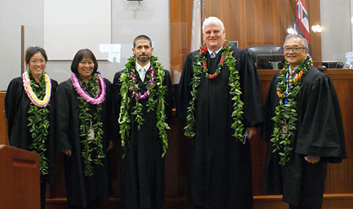 Image of from left, Judge Stephanie Char, Judge Kathleen Watanabe, Judge Gregory Meyers, Chief Justice Mark Recktenwald, and Fifth Circuit Chief Judge Randal Valenciano.