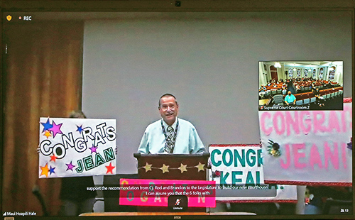 Second Circuit Chief Judge Peter Cahill appears by video conference making his award presentation from a courtroom podium in the Hoapili Hale Courthouse on Maui, 09/23/2022.