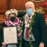 First Circuit Court Civil Administrative Judge Jeannette H. Castagnetti and Hawaii Supreme Court Chief Justice Mark E. Recktenwald in front of the Supreme Court courtroom bench, 09/23/2022.