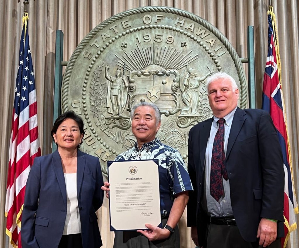 Image of from left, Intermediate Court of Appeals Chief Judge and PACE Commission Chair Lisa M. Ginoza, Gov. David Y. Ige, and Chief Justice Mark E. Recktenwald at the proclamation ceremony for Civics Awareness Month.