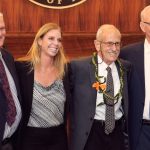 Hawaii Supreme Court Chief Justice Mark E. Recktenwald, Hawaii State Bar Association President Shannon Sheldon, Honolulu attorney William C. Darrah, and Hawaii Supreme Court Associate Justice Michael Wilson stand together in front of the Hawaii Supreme Court bench at the Pro Bono Celebration, 10/27/2022.