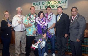 Image of from left, Judge Kirstin Hamman, Judge James Rouse, Lyon, Rachel, Tyler, Judge Kelsey Kawano, and George Aiwohi, Drug Court Substance Abuse Counselor.