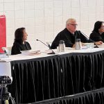 Hawaii Supreme Court Justices at the bench in the Lahainaluna High School gymnasium, 12-06-2022.