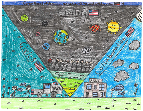 Crayon drawing titled “Cornerstones of Democracy: Civics, Civility, and Collaboration,” portraying three triangular frames; Top frame: Civility, with planets of the solar system looking down on a gathering of people; Left frame: Civics, with police making an arrest. Collaboration at a school. By artist Lucy Grant.