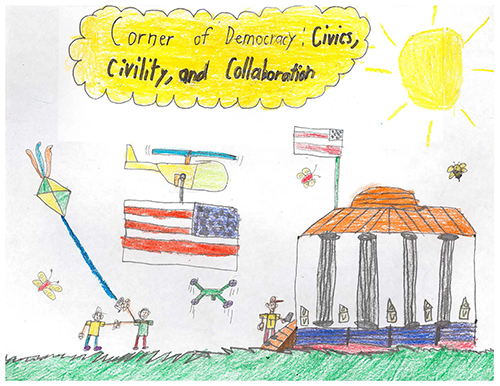 Crayon drawing titled “Cornerstones of Democracy: Civics, Civility, and Collaboration,” portraying a sunny day outside with people flying a kite, a butterfly, a helicopter carrying an American flag banner, a four-propeller drone, someone entering a government building. By artist Zenkai Heshiki.