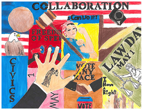 Crayon drawing of a collage of images including a gavel, ink bottle, feather quill, an eagle, a hand with Lady Justice drawn on it, and the words “Collaboration, Civics, Law Day May 1, etc., with American flag in background. By artist Keahi Yuen.