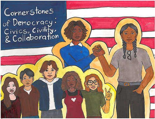Magic marker drawing of young men and women of different races with arms around each other’s shoulders; behind a Black and American Indian woman clasp hands, with American flag where stars are replaced with the words “Cornerstones of Democracy: Civics, Civility, and Collaboration,” in background. By artist Penelope Oishi.