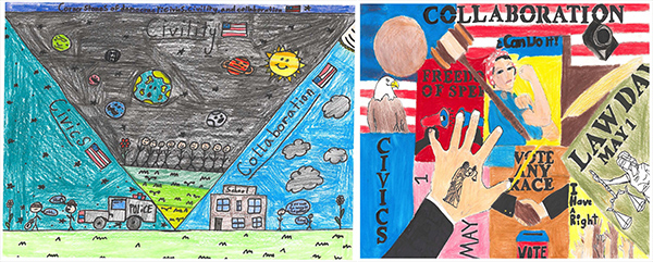 Split photo: Left image: Crayon drawing titled “Cornerstones of Democracy: Civics, Civility, and Collaboration,” portraying three triangular frames; Top frame: Civility, with planets of the solar system looking down on a gathering of people; Left frame: Civics, with police making an arrest; Right frame: Collaboration at a school. Right image: Crayon drawing of a collage of images including a gavel, ink bottle, feather quill, an eagle, a hand with Lady Justice drawn on it, and the words “Collaboration, Civics, Law Day May 1, etc., with American flag in background.