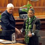 Third Circuit Chief Judge Robert D.S. Kim receives the 2023 Jurist of the Year Award from Hawaiʻi Supreme Court Chief Justice Mark E. Recktenwald, 09/29/2023.