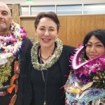 Two Big Island Drug Court graduates stand with Judge Wendy DeWeese in a courtroom, Keahuolū Courthouse, Kailua-Kona, Hawaii, 10-23, 2023.