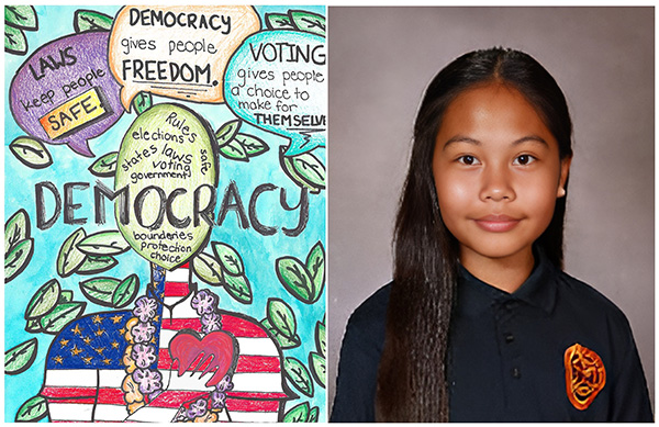 Split photo: Left: Marker, crayon, & water color drawing titled “Democracy,” portraying a person whose body appears like the American flag and face is a green seed, with leaves all around and three speech bubbles encapsulating statements about laws, democracy, and freedom. Right: Photo of the artist, Lauren Higa.