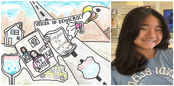 Split photo: Left: Magic marker & crayon drawing titled “Voices of Democracy,” with the head of a bald eagle entering the picture on the right, a “Route 66” sign displayed on a highway two females holding signs “My Voce” and “Our Right” with an “Our Fight” sign on the right. School bus, house, and mountain range in the background. Right: Photo of the artist, Jade Lin.