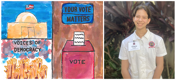 Split photo: Left: Black ink line drawing with water color. On left, a building flying an American flag, and below it the words, “Voices of Democracy,” and many hands reaching up to the words from below. Center, a sign, “Your Vote Matters,” and below a ballot going into a red ballot box with the word “Vote” on it. Right: Photo of the artist, Chiara Borges-Smith.