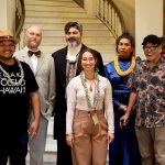 From left: gathered at the base of the stairs in the rotunda of Aliʻiōlani Hale are Judiciary History Center (JHC) Education Director Keahe Davis, JHC Hawaiian Language Education Specialist Ahukini Fuertes, HMHHT actor Christopher Denton, HMHHT actor Kevin Keaveney, JHC Curator of Collections & Programs Brieanah K. Gouveia, HMHHT actor Kahana Ho, HMHHT Director Will Haʻo, HMHHT Director of Education Michael Smola, and JHC Executive Director Matt Mattice. 04/27/2024.