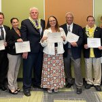 Attorneys holding certificates of appreciation: Matt Sylva, Stephen Frye, Brit Barker, Chief Justice Mark Recktenwald, Donna Payesko, Patrick Wong, Chief Judge Ronald Ibarra (ret.), Scott Shishido, and Third Circuit Chief Judge Robert Kim, gathered in the Kona Courthouse, 01/19/2024.