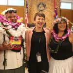 Kona Drug Court Presiding Judge Wendy DeWeese (center) and four Big Island Drug Court graduates stand together in front of the Kona courtroom bench, 05/06/2024.
