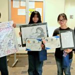 Chiefess Kamakahelei Middle School students holding their 2024 Law Day Art Contest award certificates and their artwork. From left: Pohai Kaupu Brown, Alyssa Agpaoa, Cindy Lin, and Fifth Circuit District Family Court Judge Gregory Meyers, 05/10/2024.