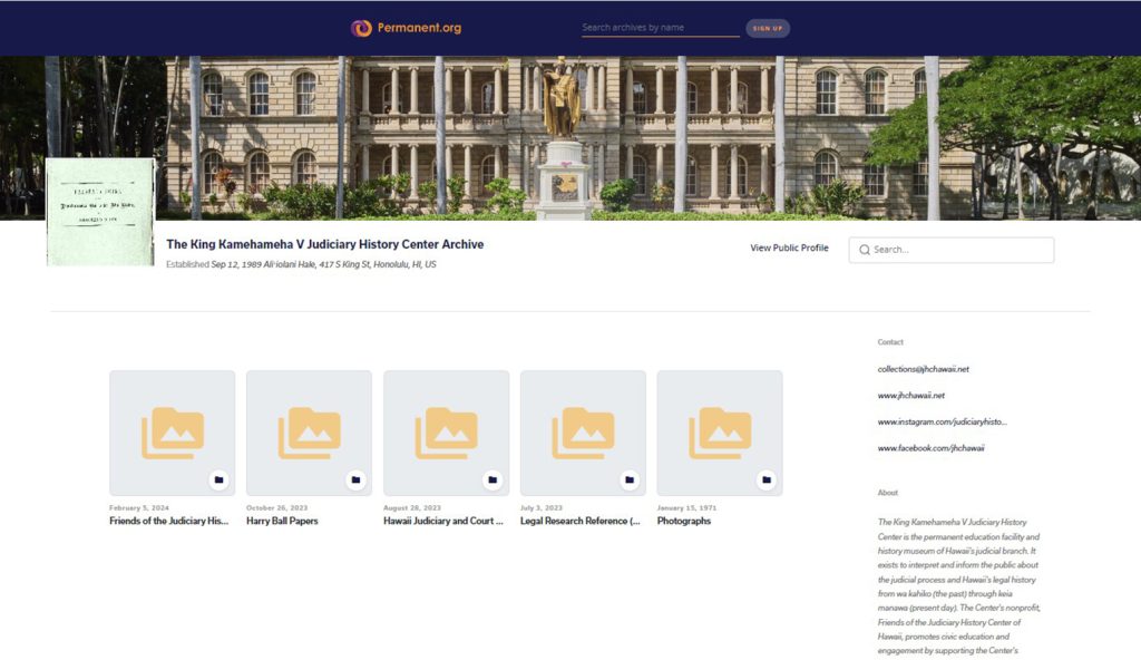 King Kamehameha V Judiciary History Center Digital Archive website home page banner, Jul-12-2024.
