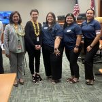 Third Circuit District Family Court Judges Jeffrey Ng and Darien Ching Nagata, Chief Judge Wendy DeWeese, HI H.O.P.E.S. President Melissa Mayo, Vice President Tianna Ceils-Webster, Secretary Precious Ahulau-Kaleo, and Advisor Raquel Gali standing together in front of the Courtroom 3C bench, at the Hale Kaulike courthouse on East Hawaiʻi Island Teen Day, July 31, 2024.