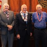Maui Immigration Law, LLC, founding attorney Kevin Block, Hawaii Justice Foundation Executive Director Robert J. LeClair, Hawaiʻi Supreme Court Chief Justice Mark E. Recktenwald, University of Hawaiʻi William S. Richardson School of Law’s former Dean Aviam Soifer, and Hawaii Justice Foundation President William S. Hunt stand together in front of the Hawaiʻi Supreme Court bench at the Hawaii Justice Foundation’s annual meeting on October 29, 2024.
