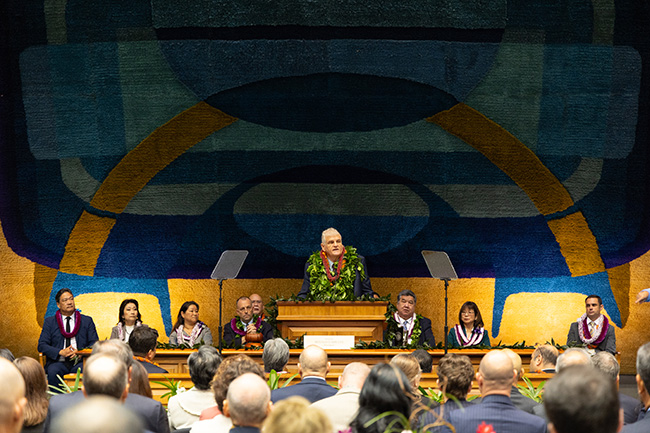 Hawaiʻi Supreme Court Chief Justice Mark E. Recktenwald gives his State of the Judiciary Address from the Senate Chamber rostrum in the State Capitol, January 23, 2025.