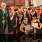 The six women graduates honored during the first-ever commencement ceremony for the Mohala Wahine program, or Women’s Court, pose for a photograph with Chief Justice Mark Recktenwald and Circuit Court Judge Trish Morikawa, who oversees Women’s Court, in the Hawaiʻi Supreme Court courtroom.