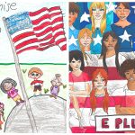 Split photo: Left image: Magic marker & crayon drawing titled “The Constitution’s Promise: Out of Many, One,” portraying a lady in a wheel chair a dog on a leash, children on a hill with an American flag in the foreground. Right image: Pen, ink, & marker drawing of people standing together and the lines, colors, & stars on their clothes form an American flag, and the words “E pluribus unum,” at bottom.
