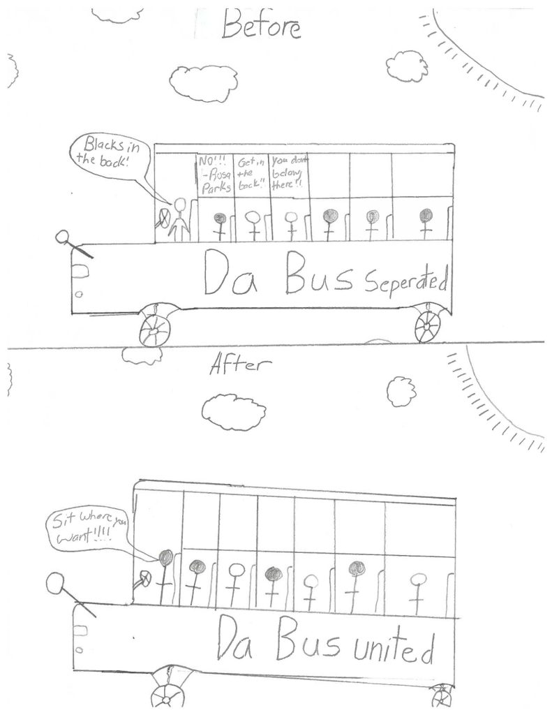 Chiefess Kamakahelei Middle School student Logan Manibog’s pencil drawing of two busses with dark and light stick people inside, one on the upper part of the page with the word “Before” above it and “Da Bus separated” written on the side, and one on the lower part of the page with the word “After” above it and the words “Da Bus united” written on the side.