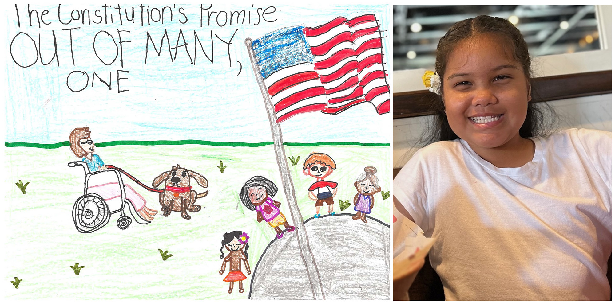 Split photo: Left image: Magic marker & crayon drawing titled “The Constitution’s Promise: Out of Many, One,” portraying a lady in a wheel chair a dog on a leash, children on a hill with an American flag in the foreground