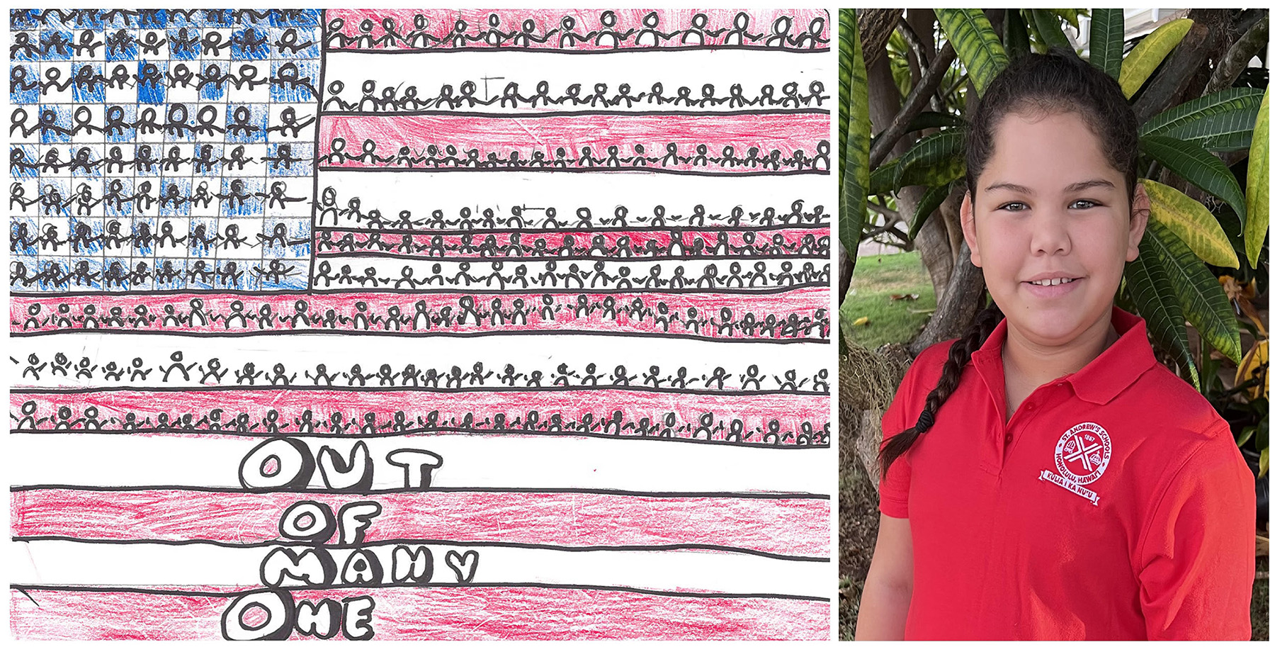 Magic marker & crayon drawing titled “Out of Many, One,” with many tiny people stick figures occupying the stars and stripes of an American flag.