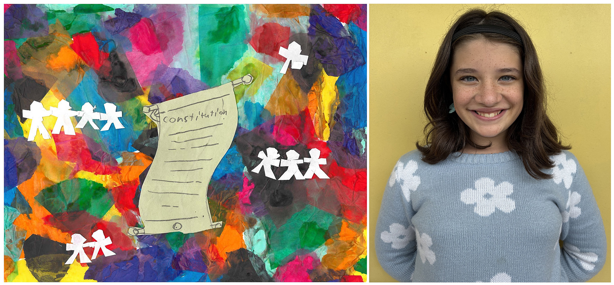 A collage of multi-color tissue paper with white paper cut-outs of people and a cut-out drawing of a document titled “Constitution” in the middle of the image.