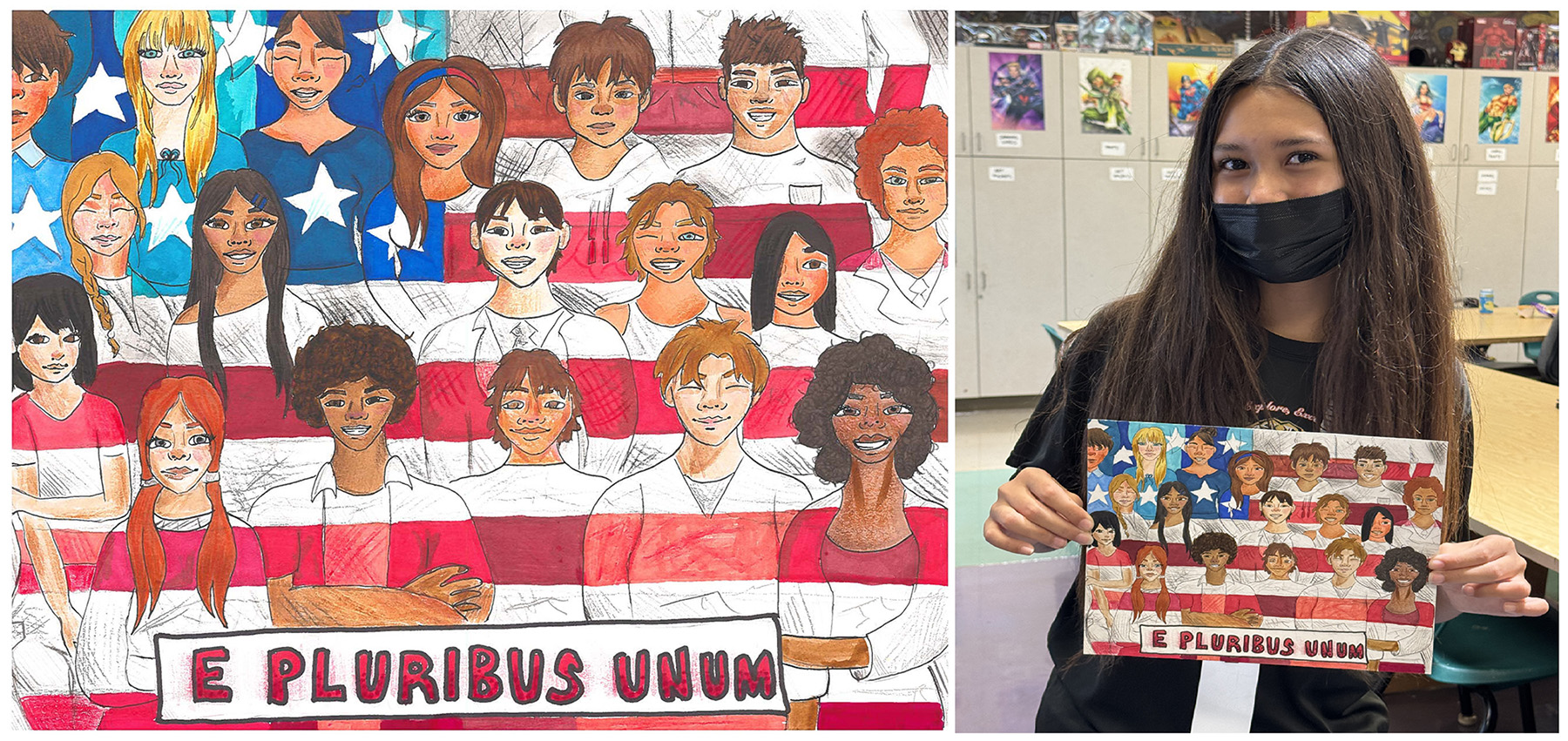 Pen, ink, & magic marker drawing of people standing together and the lines, colors, & stars on their clothes form an American flag, and the words “E pluribus unum,” at bottom.