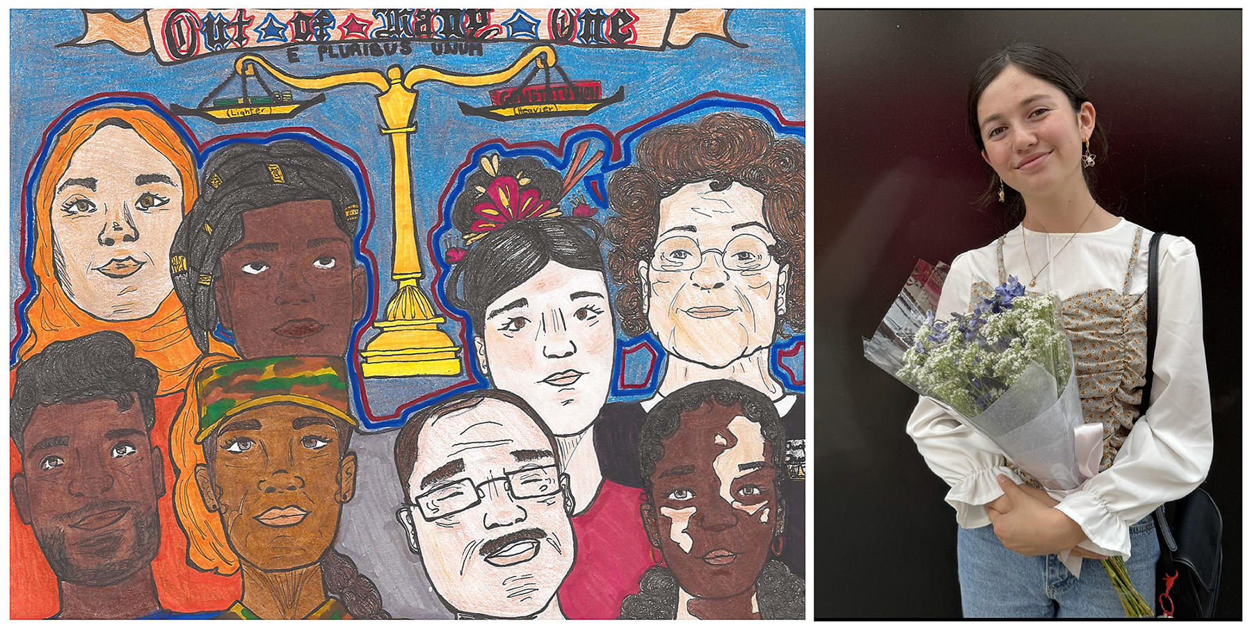 Pen, ink, & magic marker drawing of faces of people of different races and cultures with a scale in the background and title at the top: “Out of Many, One – E pluribus unum.”
