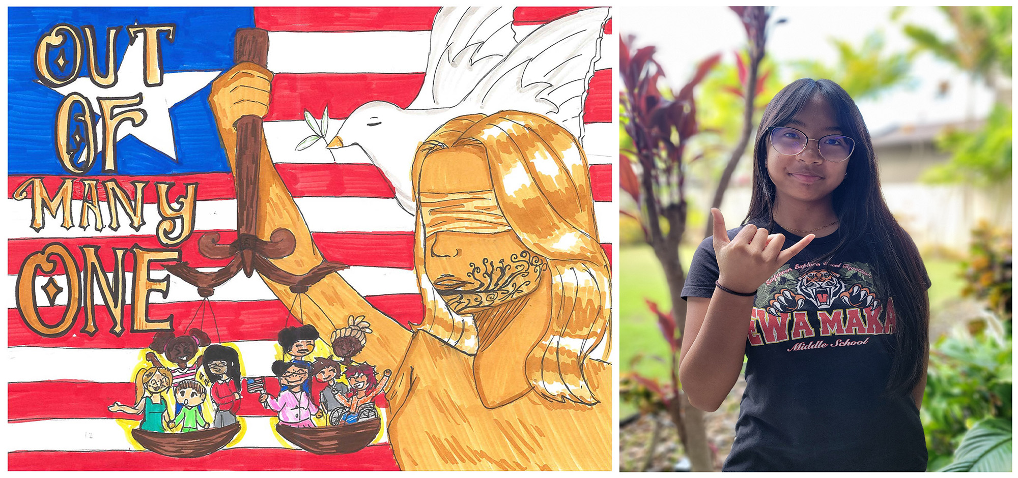 Pen & magic marker drawing of faces of people of different races and cultures filling both plates of a scale held by a large golden lady justice wearing a blindfold and a white dove carrying a laurel leaf with an American flag in the background and the words “Out of Many, One.”