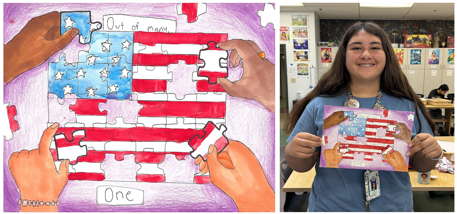Pen & watercolor drawing of hands of different people putting together a puzzle of an American flag image and the words at the top of the puzzle “Out of Many” and the word “One” at the bottom.