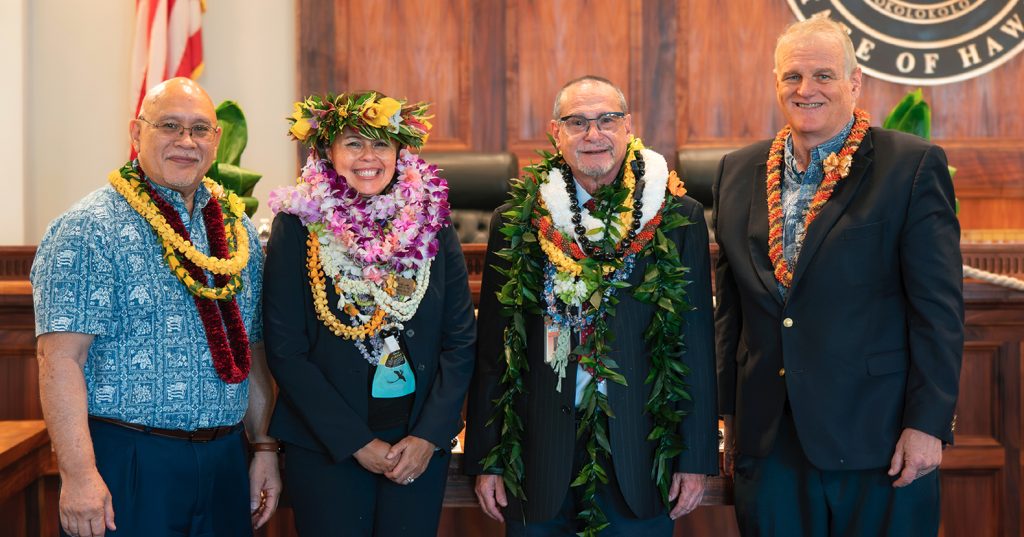First Circuit (Oʻahu) Judge Trish K. Morikawa and Second Circuit (Maui) Chief Judge Peter T. Cahill were presented today with the 2025 Jurist of the Year Awards by Chief Justice Mark E. Recktenwald and Rod Maile at the Judiciary’s Statewide Employee Awards Ceremony.