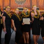 From left: Acting Chief Justice Sabrina McKenna, Circuit Court Judge Trish Morikawa, Mohala Wahine graduates Shaye Taylor, Clarene "Ipo" Kupahu, Cheryl Moana Marie Kamalii, Kristyn Bunch, Chelsay Figueroa, and Adult Client Services Social Worker Nicole Manuma.