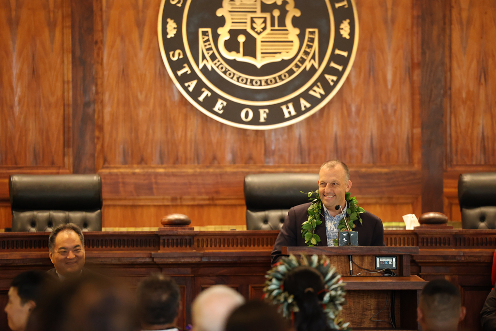 Hawaiʻi Governor Josh Green addresses specialty court graduates during a celebration held in the Hawaiʻi Supreme Court courtroom on May 15, 2026.